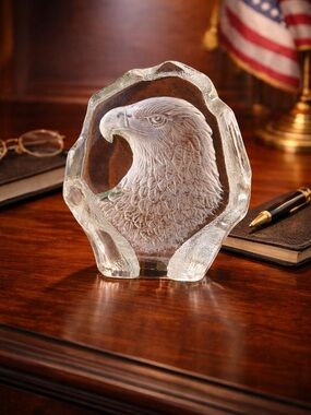 Bald Eagle Glass Paperweight Heavy Clear Glass Patriotic Desk Decor USA